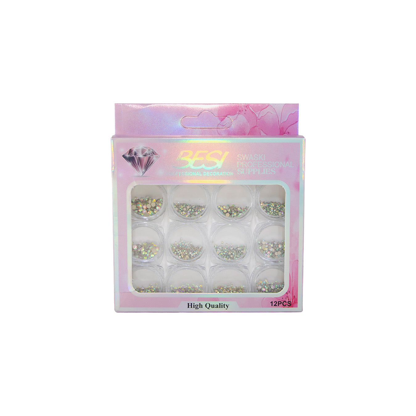 ADORNO DE UÑAS BESI CRISTALES CAJA ROSADA X12PZAS