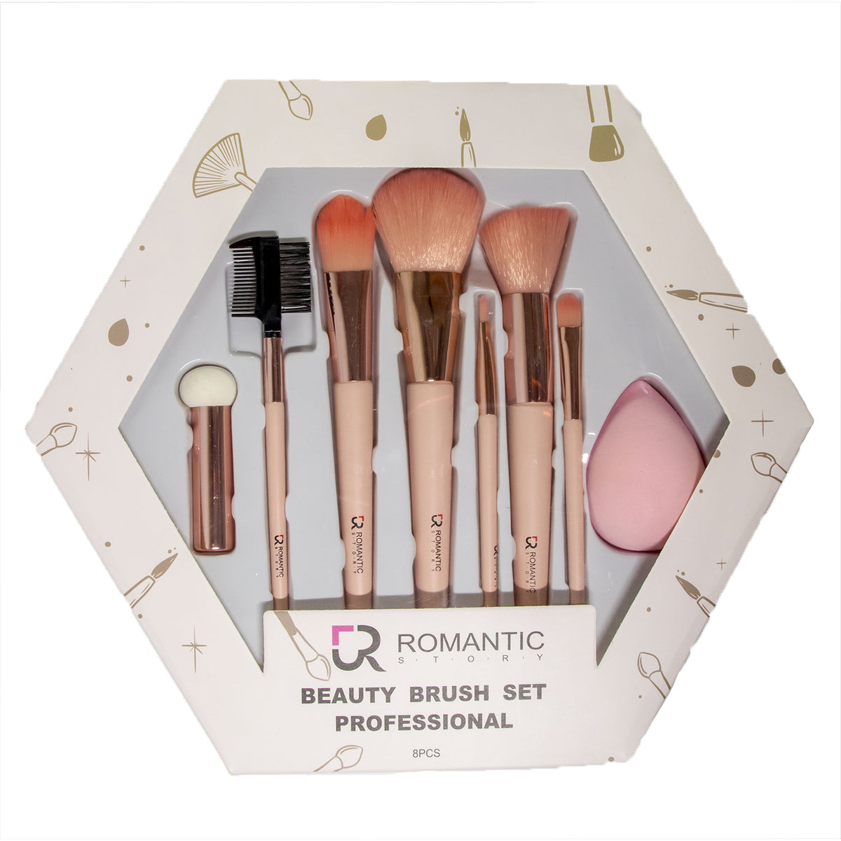 SET DE BROCHAS+ESPONJA ROMANTIC STORY ROSADAS X8PZAS