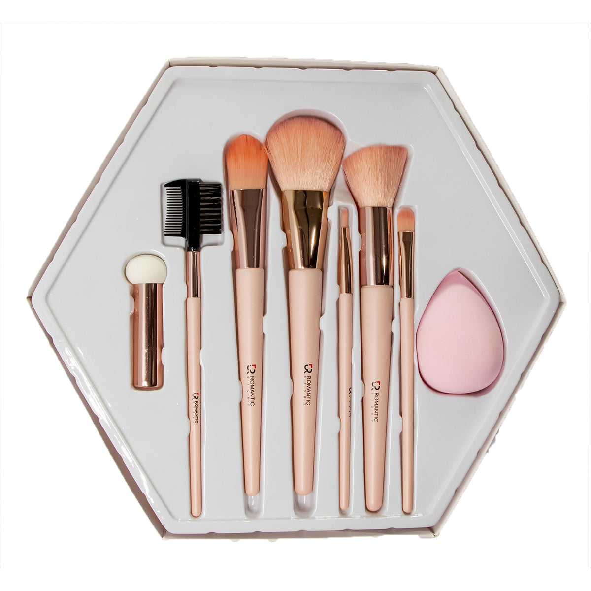 SET DE BROCHAS+ESPONJA ROMANTIC STORY ROSADAS X8PZAS