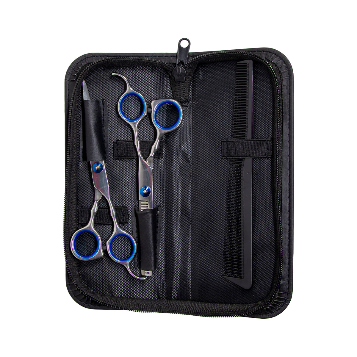 ESTUCHE DE TIJERAS PLATEADAS AZUL X2+PEINE